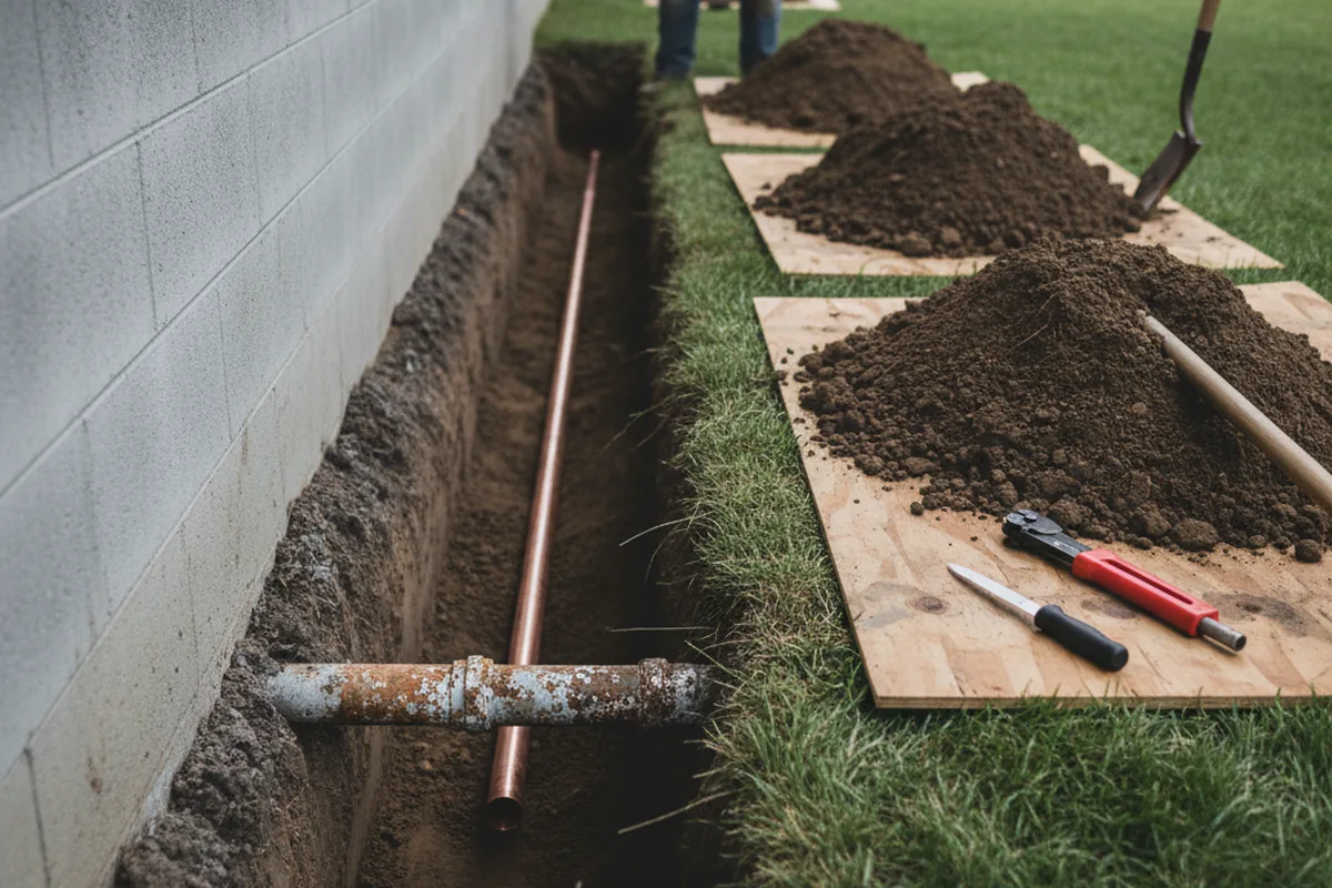 Excavated water line trench during Sewer Line Repair in Loris